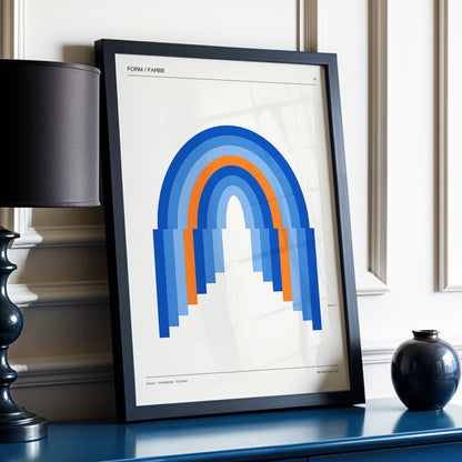 Chromatic Archways, blue, orange, beige minimalist wall art displayed in a styled interior, gallery view 3
