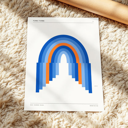 Chromatic Archways, blue, orange, beige minimalist wall art displayed in a styled interior, gallery view 4