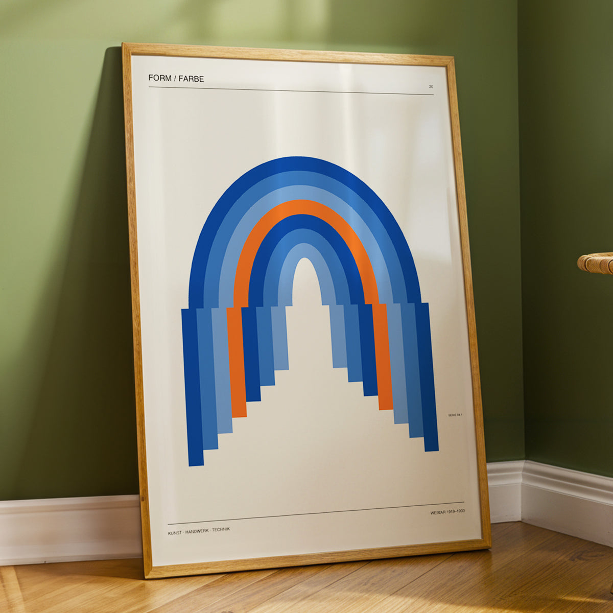 Chromatic Archways, blue, orange, beige minimalist wall art displayed in a styled interior, gallery view 5
