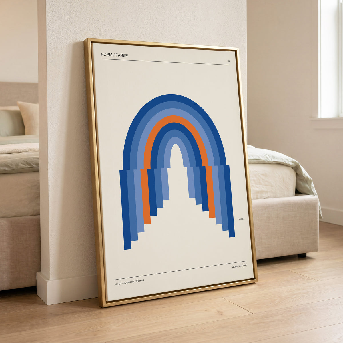 Chromatic Archways, blue, orange, beige minimalist wall art displayed in a styled interior, gallery view 6