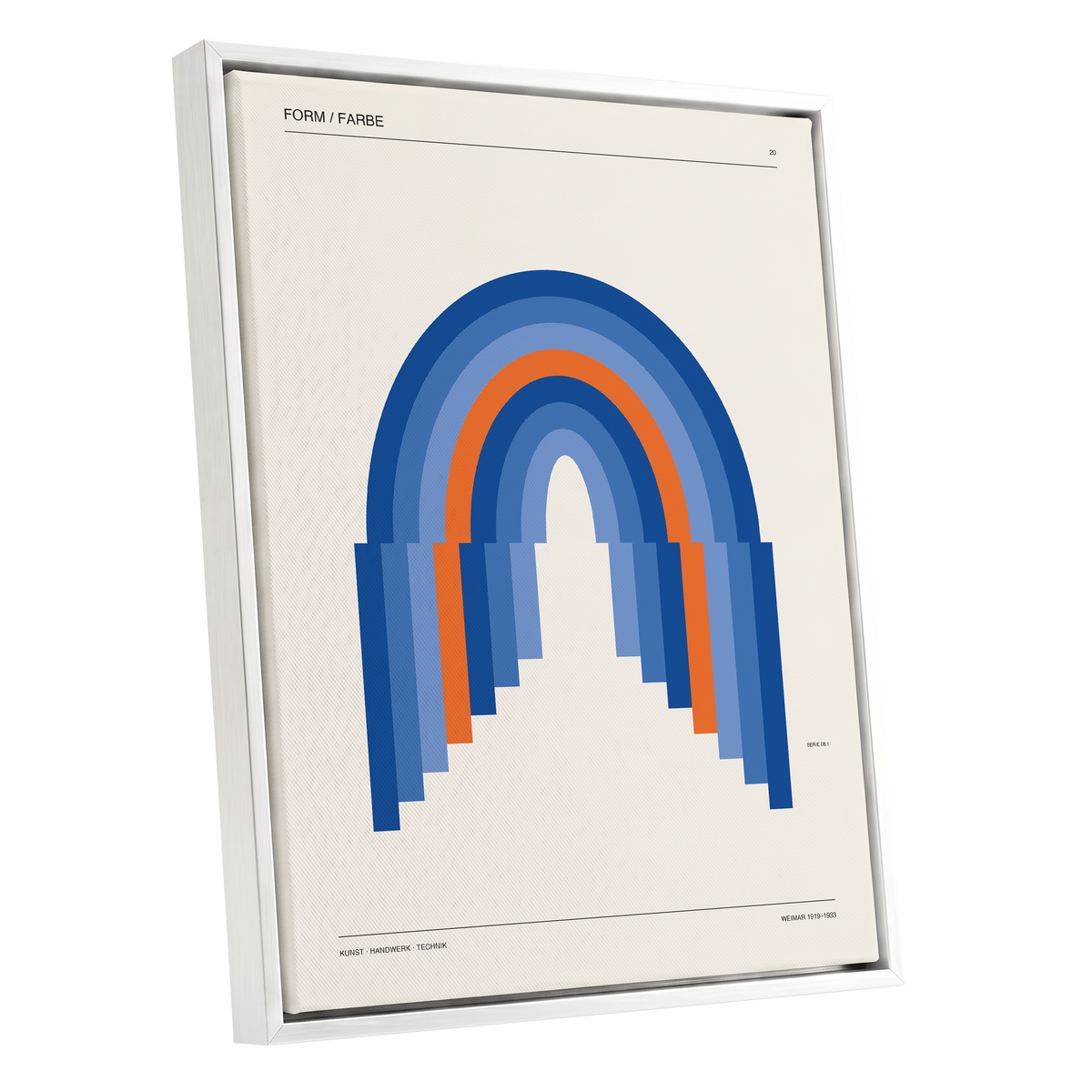 Chromatic Archways, blue, orange, beige minimalist wall art shown as a white framed canvas wall art