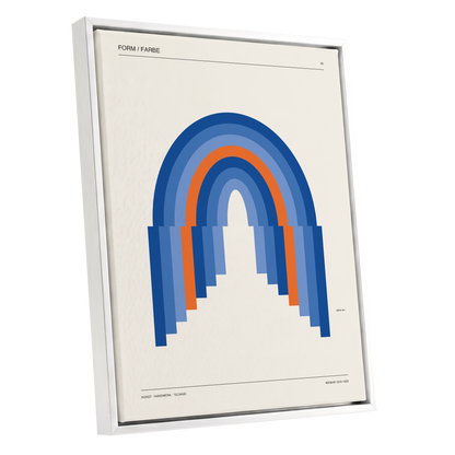 Chromatic Archways, blue, orange, beige minimalist wall art shown as a white framed canvas wall art