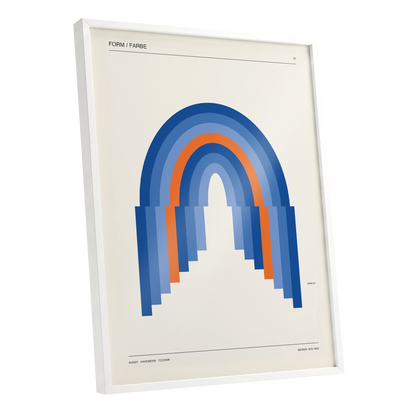 Chromatic Archways, blue, orange, beige minimalist wall art shown as a white framed poster wall art print