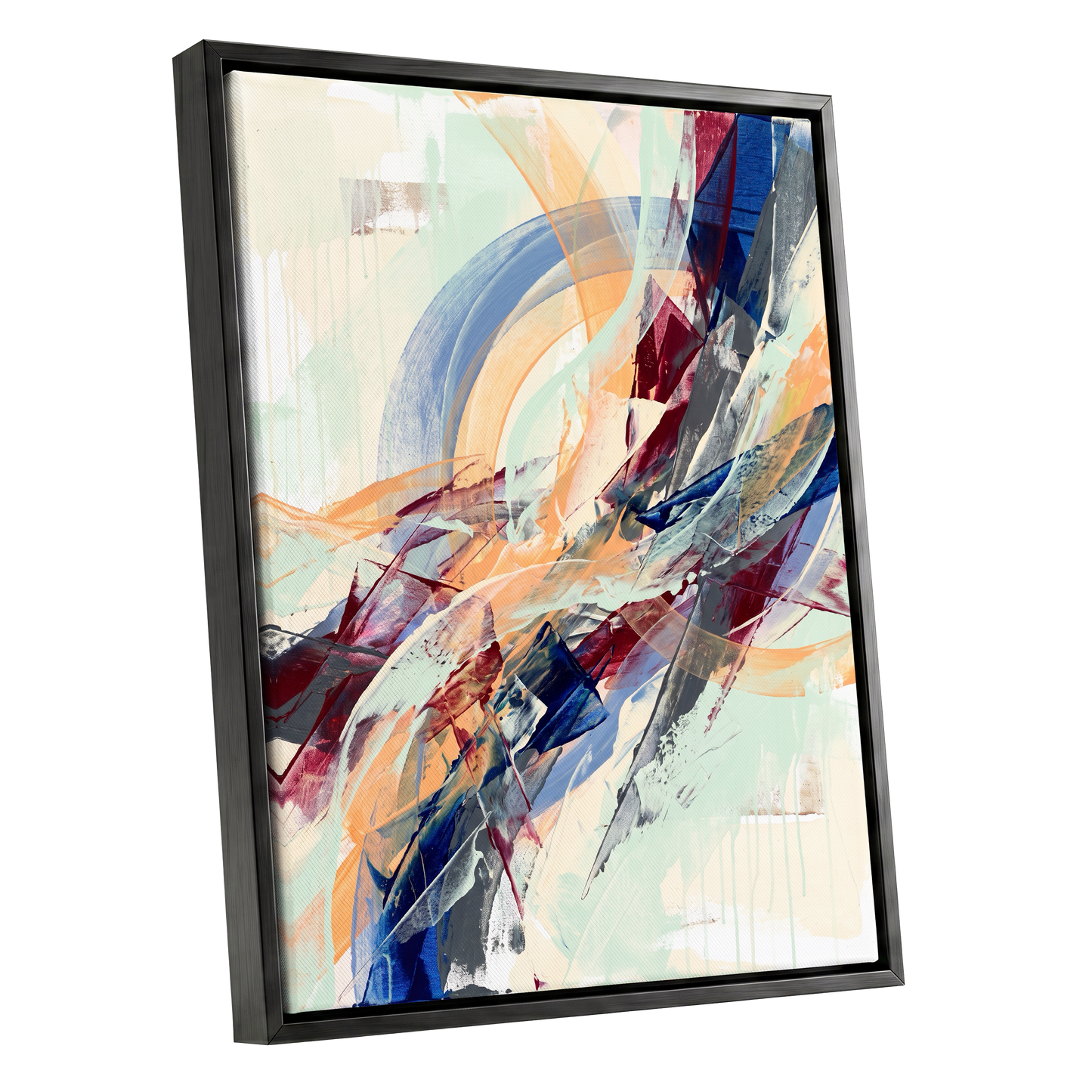 Chromatic Ascent, blue, red, green abstract wall art shown as a black framed canvas wall art