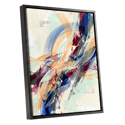 Chromatic Ascent, blue, red, green abstract wall art shown as a black framed canvas wall art