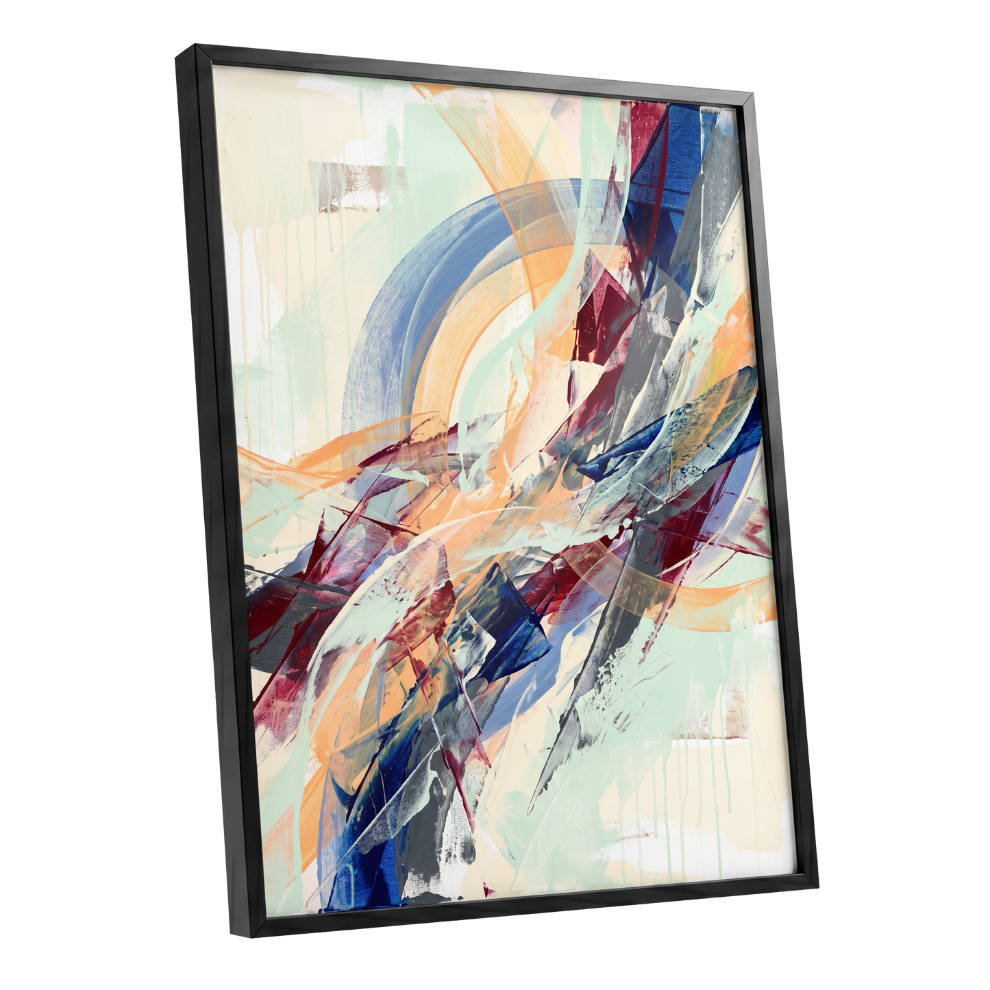Chromatic Ascent, blue, red, green abstract wall art shown as a black framed poster wall art print