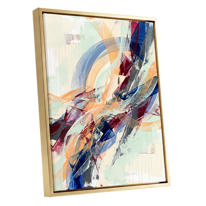 Chromatic Ascent, blue, red, green abstract wall art shown as a gold framed canvas wall art