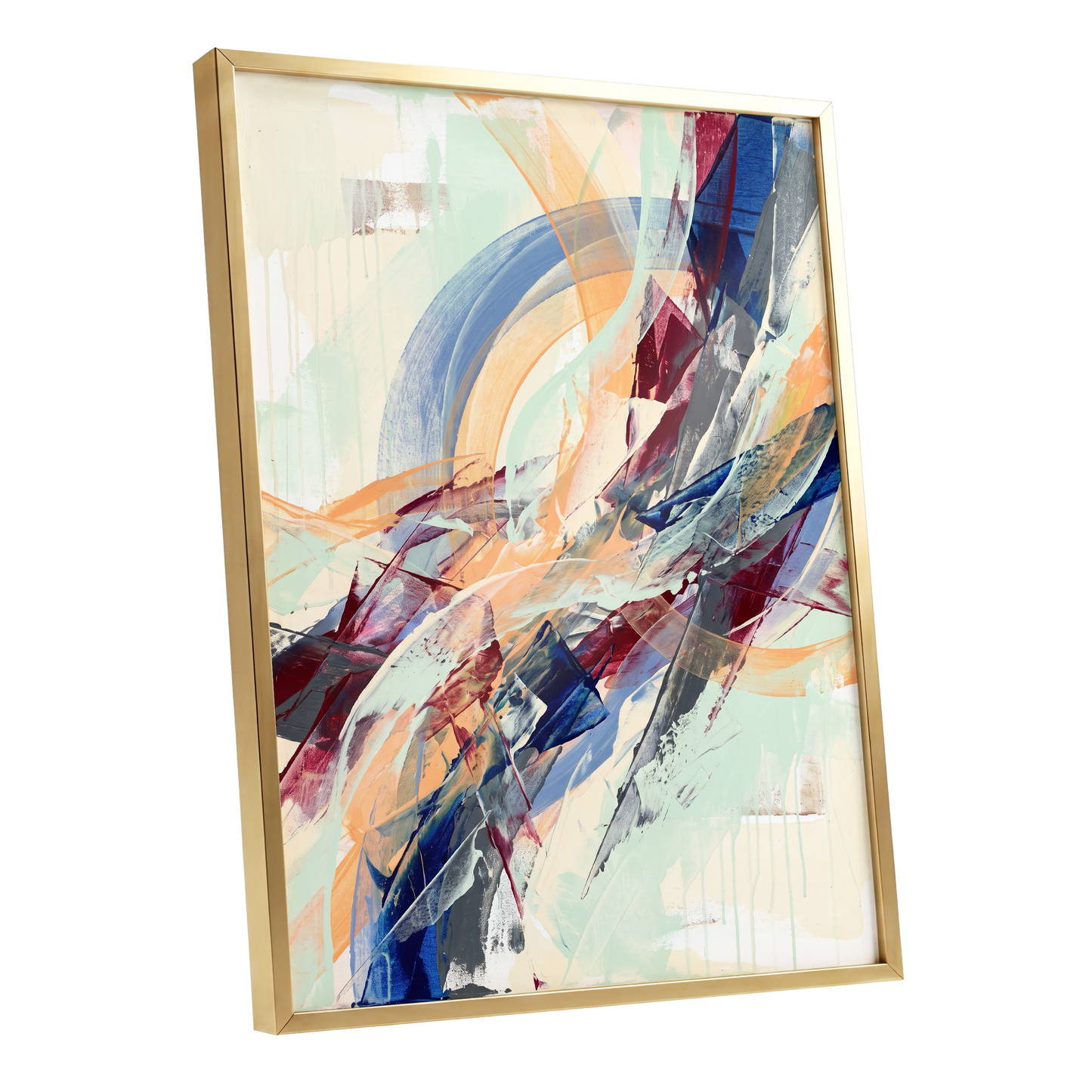 Chromatic Ascent, blue, red, green abstract wall art shown as a gold framed poster wall art print