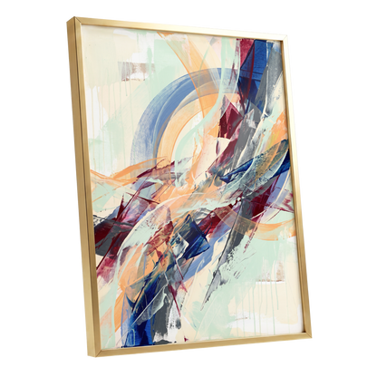 Chromatic Ascent, blue, red, green abstract wall art shown as a gold framed poster wall art print