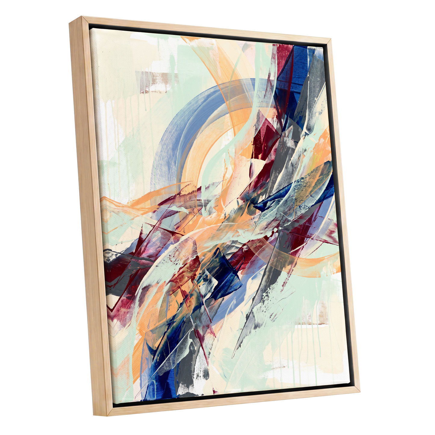 Chromatic Ascent, blue, red, green abstract wall art shown as a oak framed canvas wall art