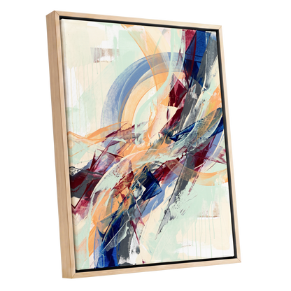 Chromatic Ascent, blue, red, green abstract wall art shown as a oak framed canvas wall art