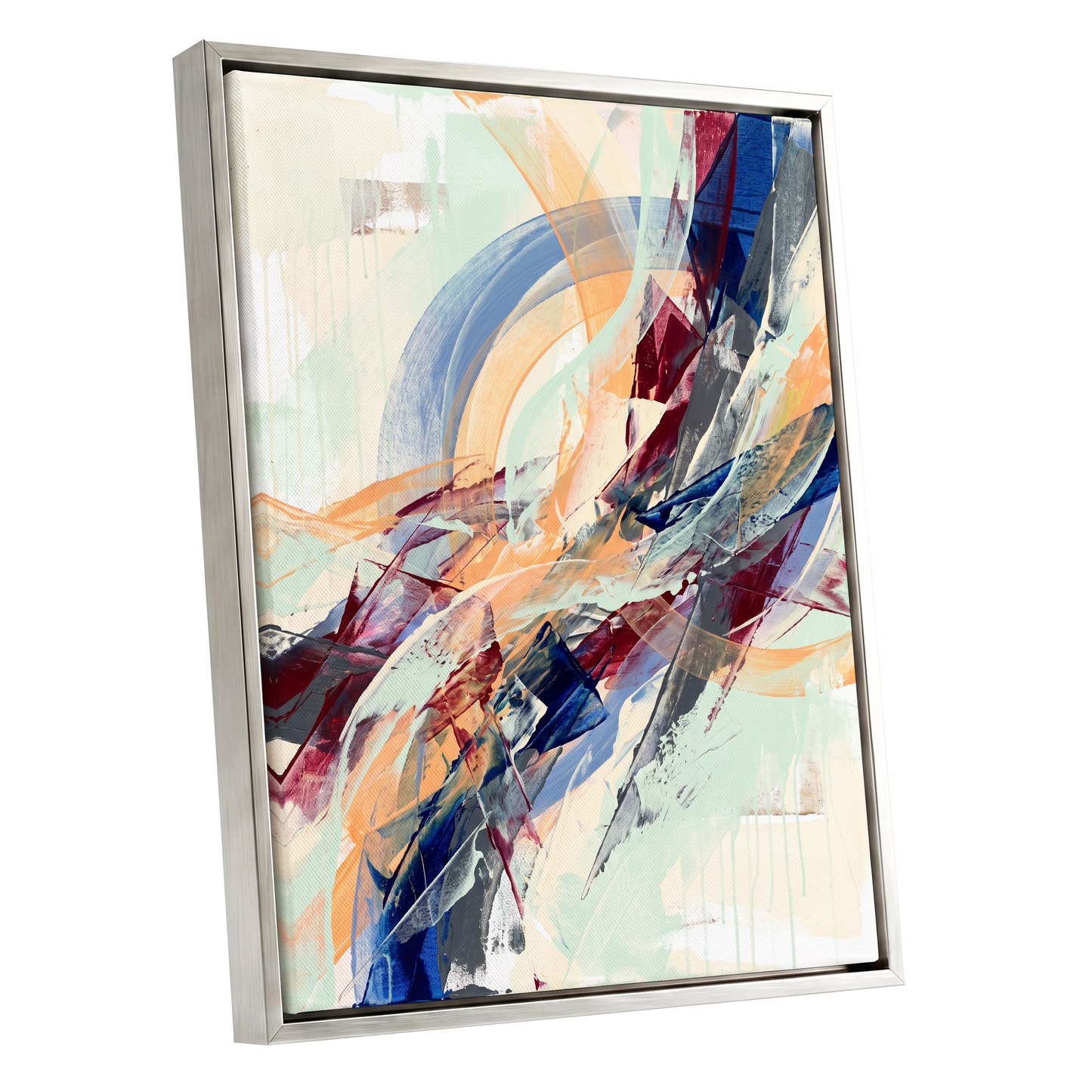 Chromatic Ascent, blue, red, green abstract wall art shown as a silver framed canvas wall art