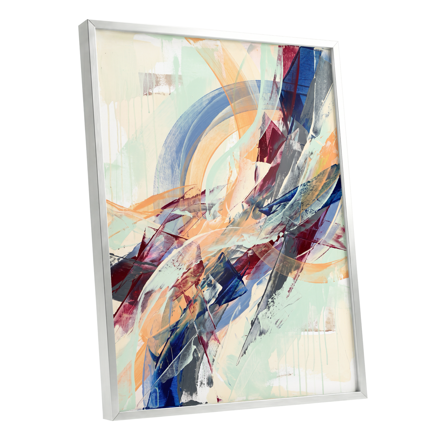 Chromatic Ascent, blue, red, green abstract wall art shown as a silver framed poster wall art print