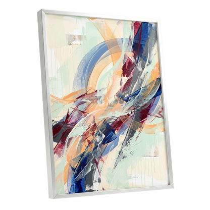 Chromatic Ascent, blue, red, green abstract wall art shown as a silver framed poster wall art print