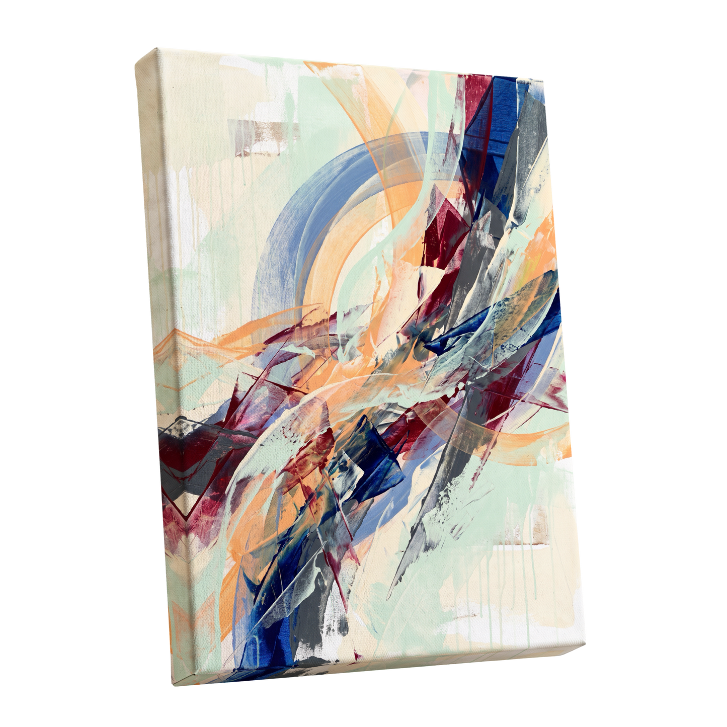 Chromatic Ascent, blue, red, green abstract wall art shown as a stretched canvas wall art