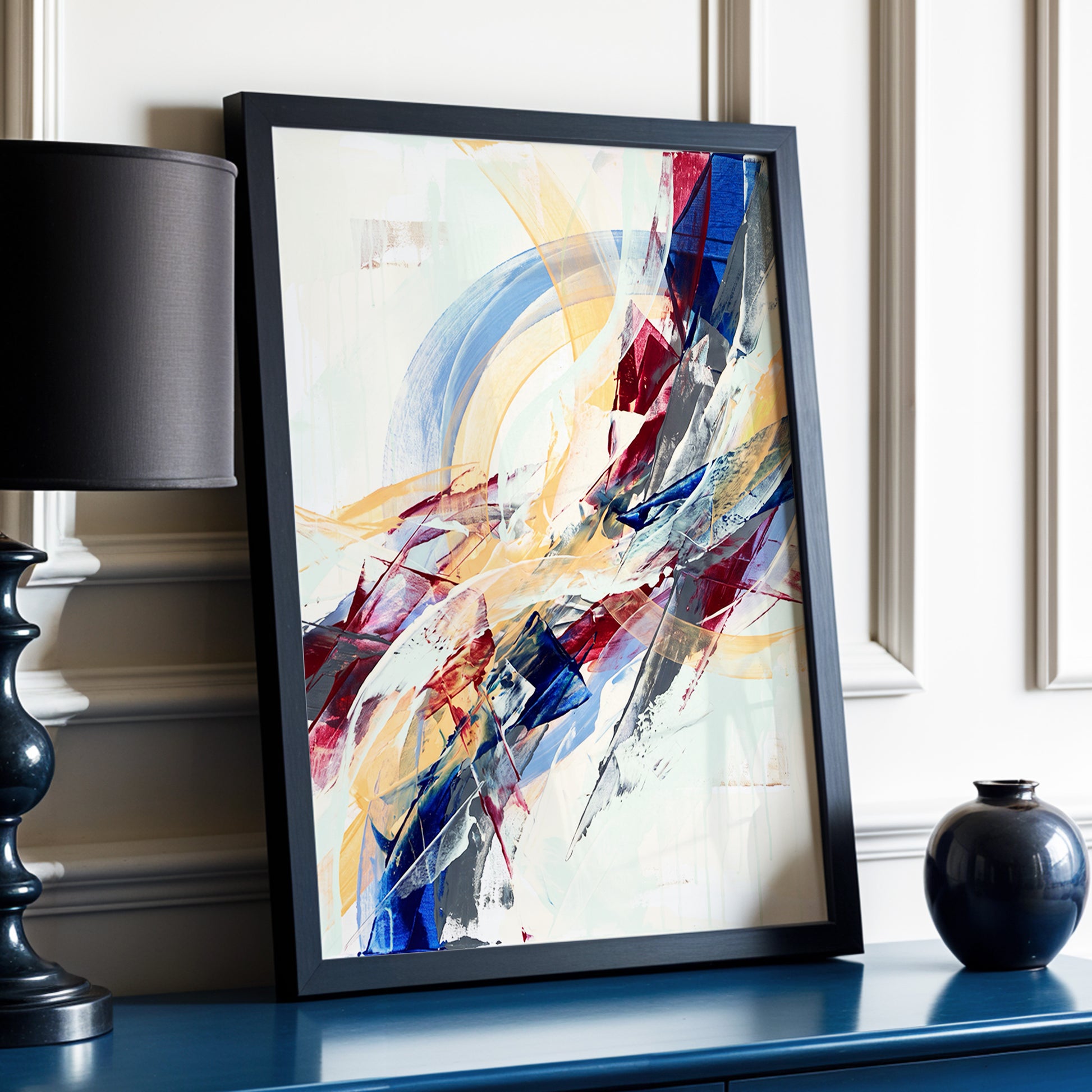 Chromatic Ascent, blue, red, green abstract wall art displayed in a styled interior, gallery view 2