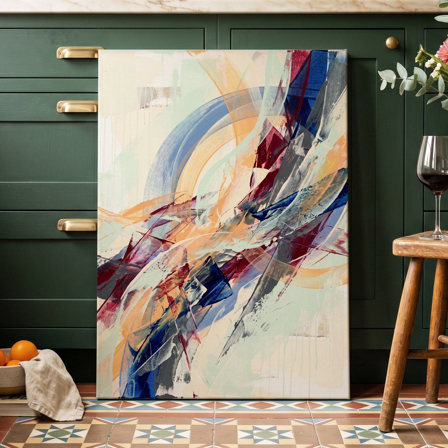 Chromatic Ascent, blue, red, green abstract wall art displayed in a styled interior, gallery view 3