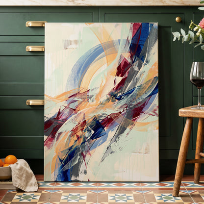 Chromatic Ascent, blue, red, green abstract wall art displayed in a styled interior, gallery view 3