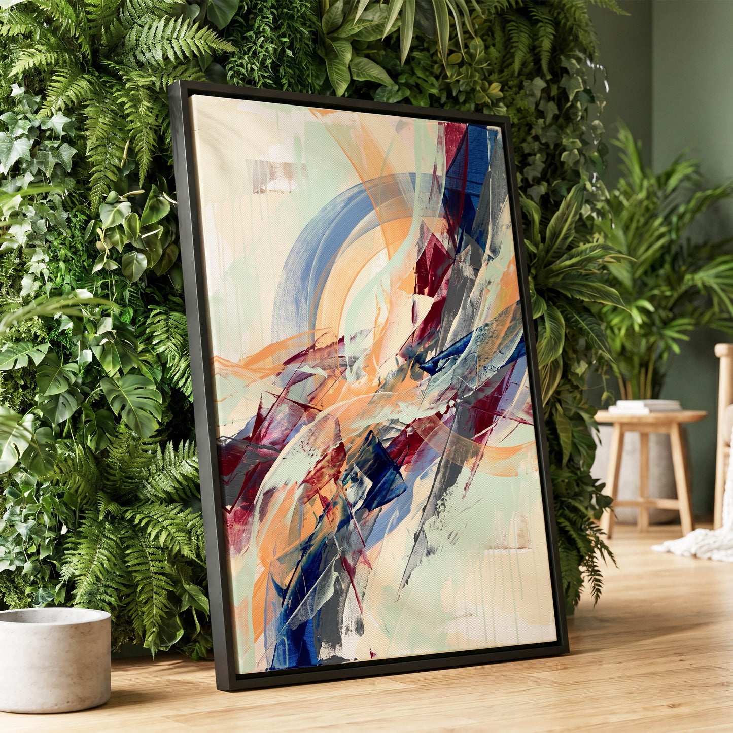Chromatic Ascent, blue, red, green abstract wall art displayed in a styled interior, gallery view 4