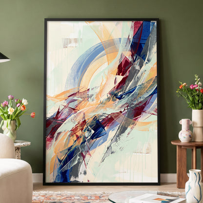 Chromatic Ascent, blue, red, green abstract wall art displayed in a styled interior, gallery view 6