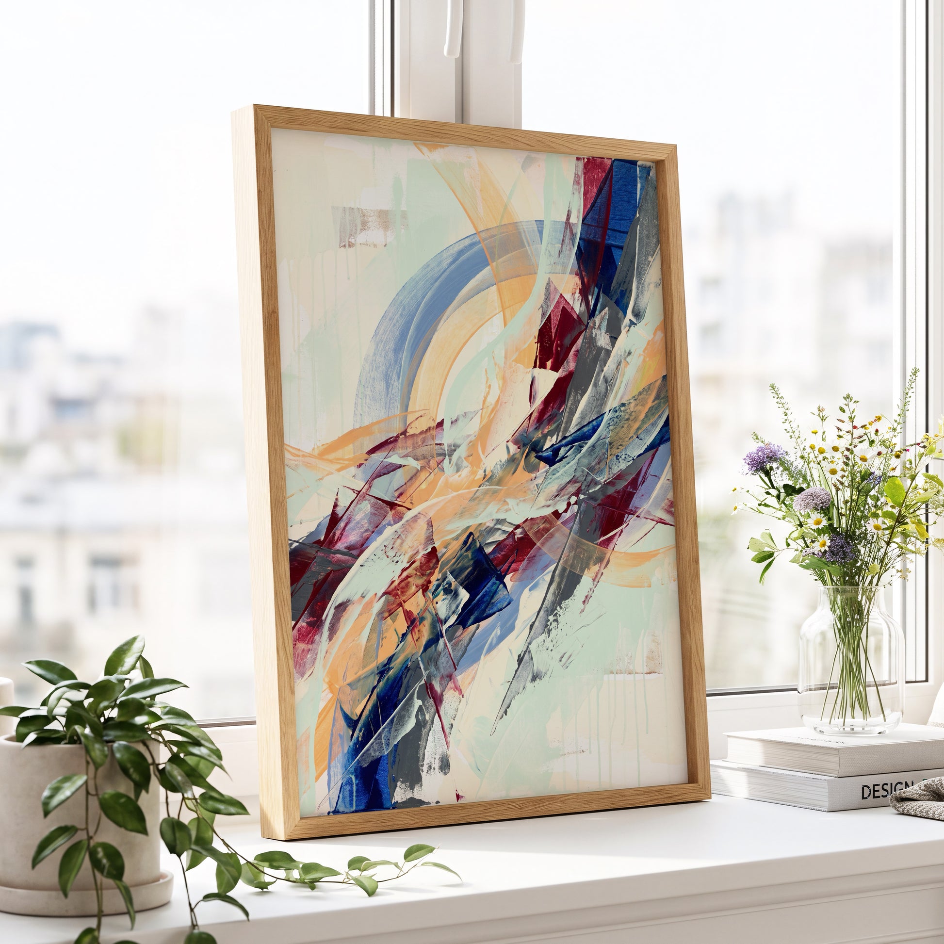 Chromatic Ascent, blue, red, green abstract wall art displayed in a styled interior, gallery view 9