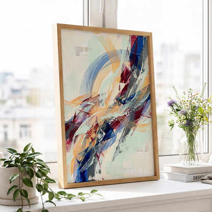 Chromatic Ascent, blue, red, green abstract wall art displayed in a styled interior, gallery view 9