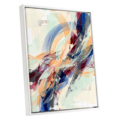 Chromatic Ascent, blue, red, green abstract wall art shown as a white framed canvas wall art