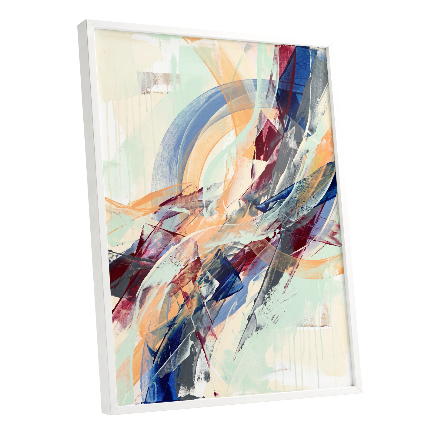 Chromatic Ascent, blue, red, green abstract wall art shown as a white framed poster wall art print
