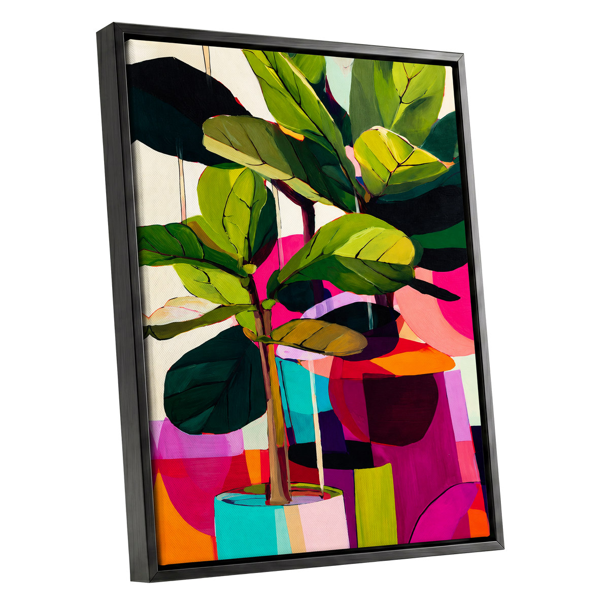 Chromatic Canopy, green, pink, black nature wall art shown as a black framed canvas wall art
