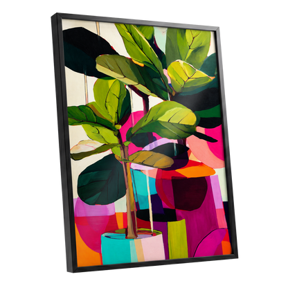 Chromatic Canopy, green, pink, black nature wall art shown as a black framed poster wall art print