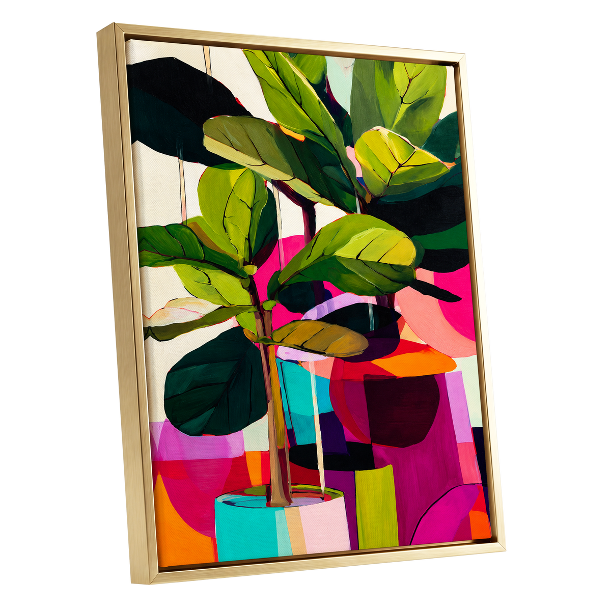 Chromatic Canopy, green, pink, black nature wall art shown as a gold framed canvas wall art