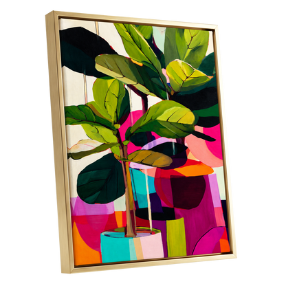 Chromatic Canopy, green, pink, black nature wall art shown as a gold framed canvas wall art