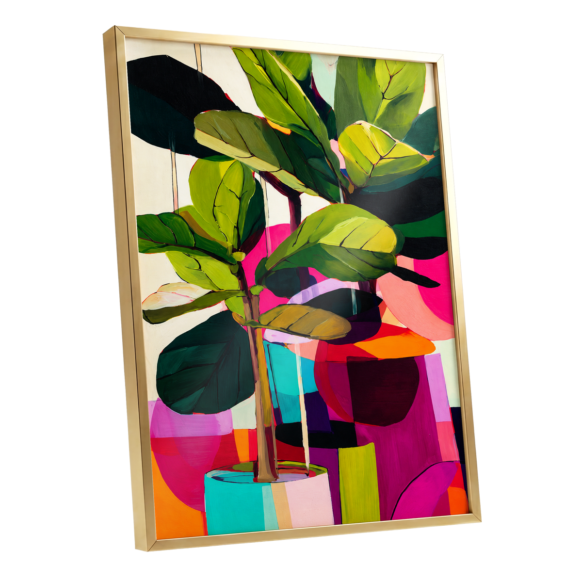 Chromatic Canopy, green, pink, black nature wall art shown as a gold framed poster wall art print
