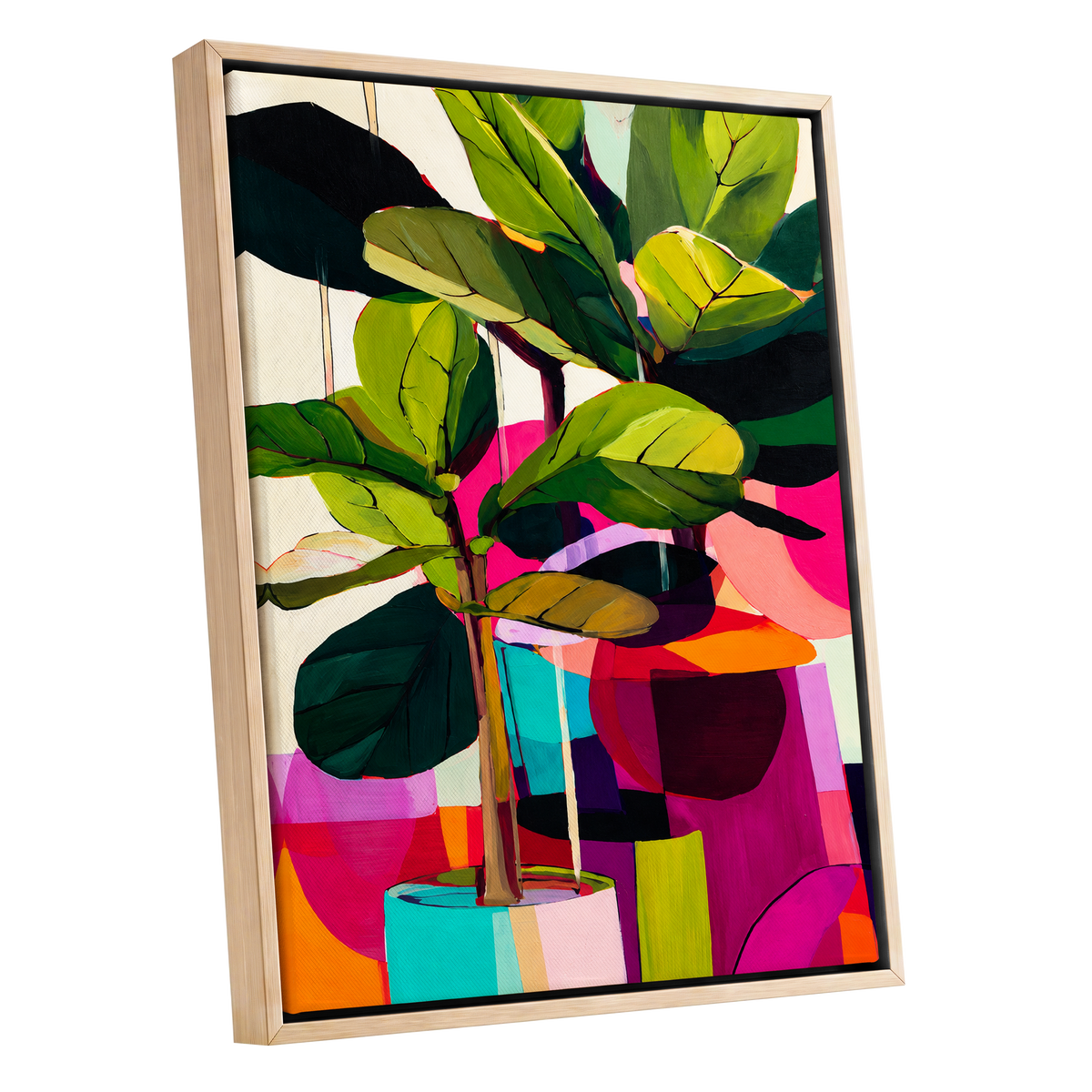 Chromatic Canopy, green, pink, black nature wall art shown as a oak framed canvas wall art