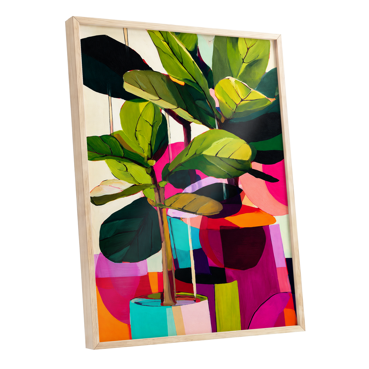 Chromatic Canopy, green, pink, black nature wall art shown as a oak framed poster wall art print