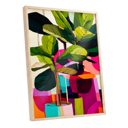Chromatic Canopy, green, pink, black nature wall art shown as a oak framed poster wall art print