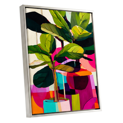 Chromatic Canopy, green, pink, black nature wall art shown as a silver framed canvas wall art