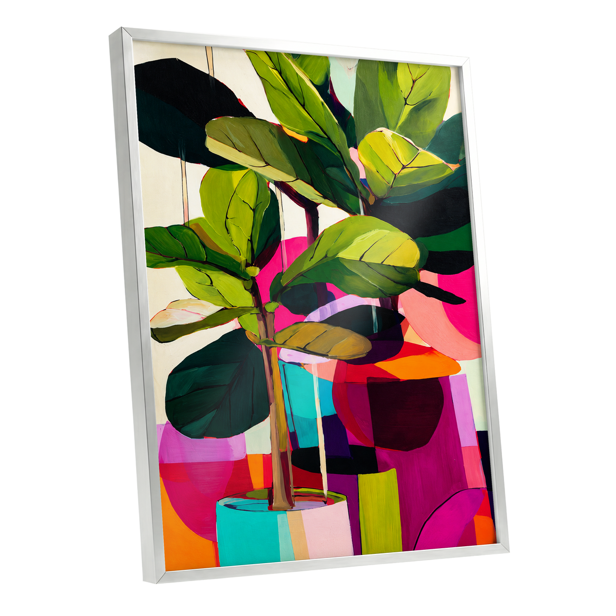 Chromatic Canopy, green, pink, black nature wall art shown as a silver framed poster wall art print