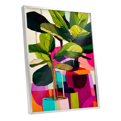 Chromatic Canopy, green, pink, black nature wall art shown as a silver framed poster wall art print