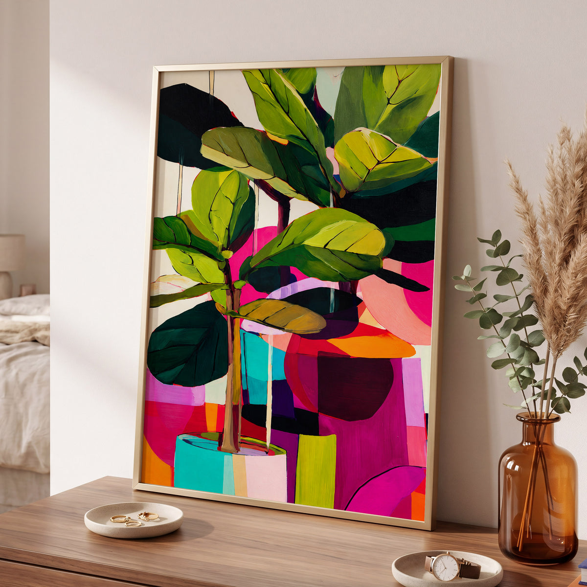 Chromatic Canopy, green, pink, black nature wall art displayed in a styled interior, gallery view 2