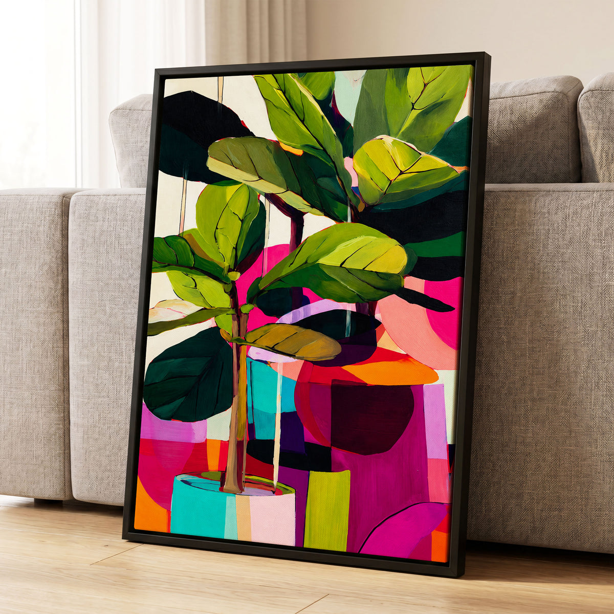 Chromatic Canopy, green, pink, black nature wall art displayed in a styled interior, gallery view 4