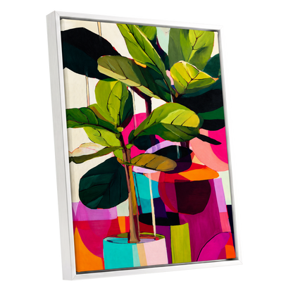 Chromatic Canopy, green, pink, black nature wall art shown as a white framed canvas wall art