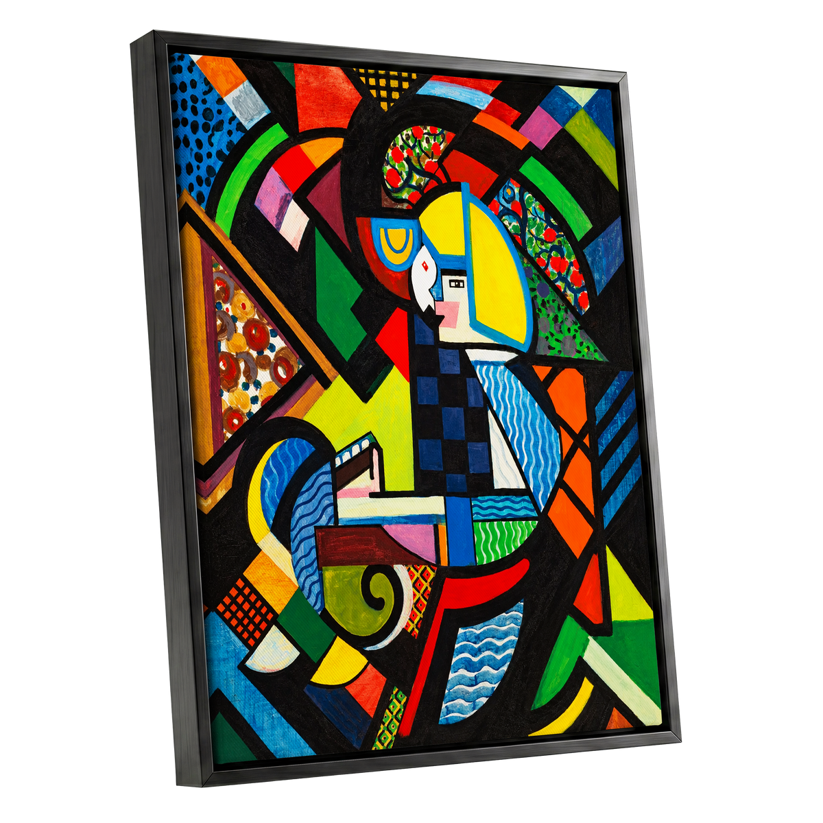 Chromatic Confluence, multicolor, black, blue abstract wall art shown as a black framed canvas wall art