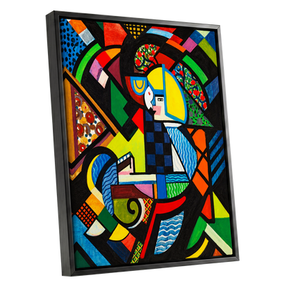 Chromatic Confluence, multicolor, black, blue abstract wall art shown as a black framed canvas wall art