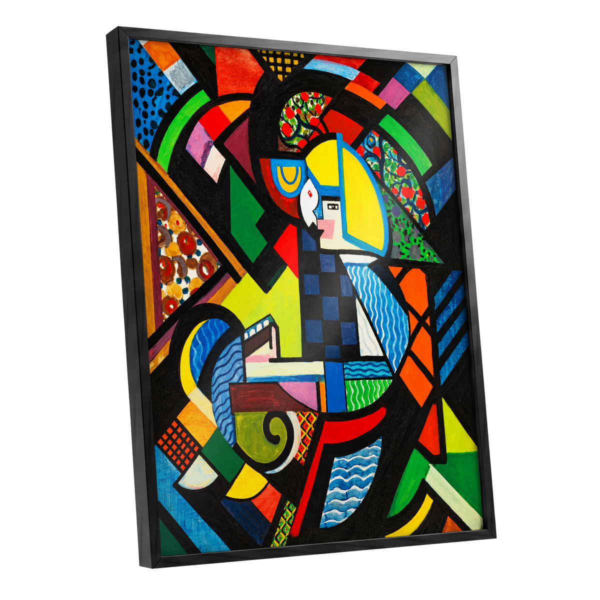 Chromatic Confluence, multicolor, black, blue abstract wall art shown as a black framed poster wall art print