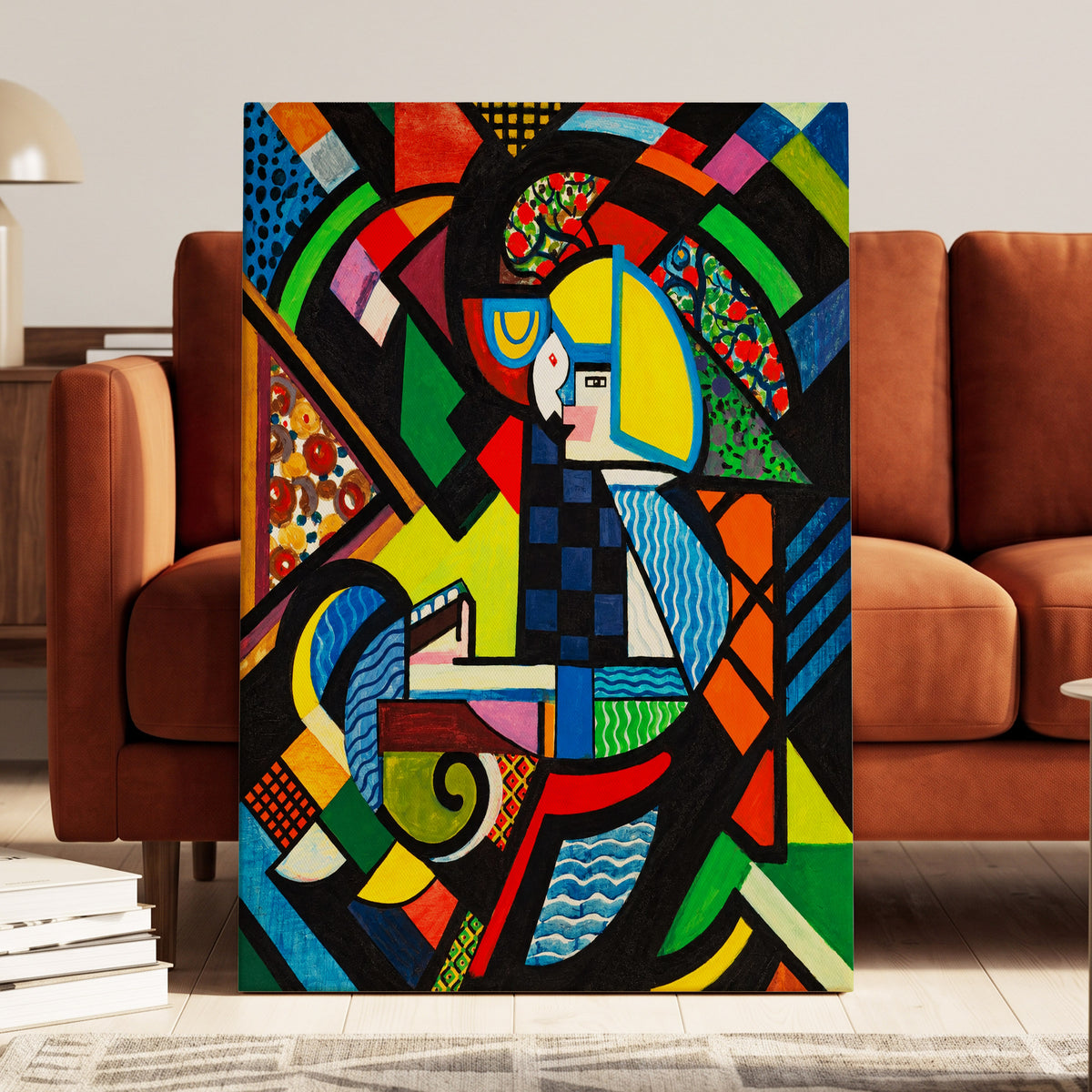 Chromatic Confluence, multicolor, black, blue abstract wall art on canvas displayed in a styled interior, gallery view 1