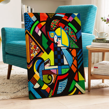 Chromatic Confluence, multicolor, black, blue abstract wall art on canvas displayed in a styled interior, gallery view 2