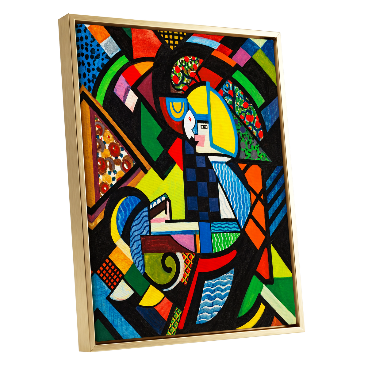 Chromatic Confluence, multicolor, black, blue abstract wall art shown as a gold framed canvas wall art