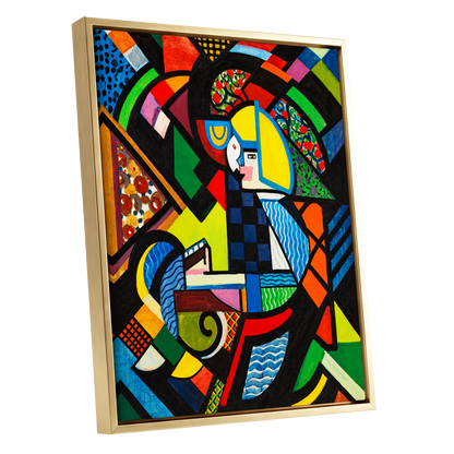 Chromatic Confluence, multicolor, black, blue abstract wall art shown as a gold framed canvas wall art