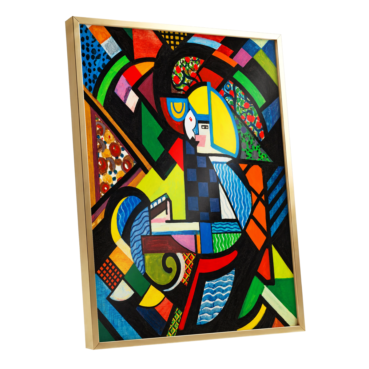 Chromatic Confluence, multicolor, black, blue abstract wall art shown as a gold framed poster wall art print